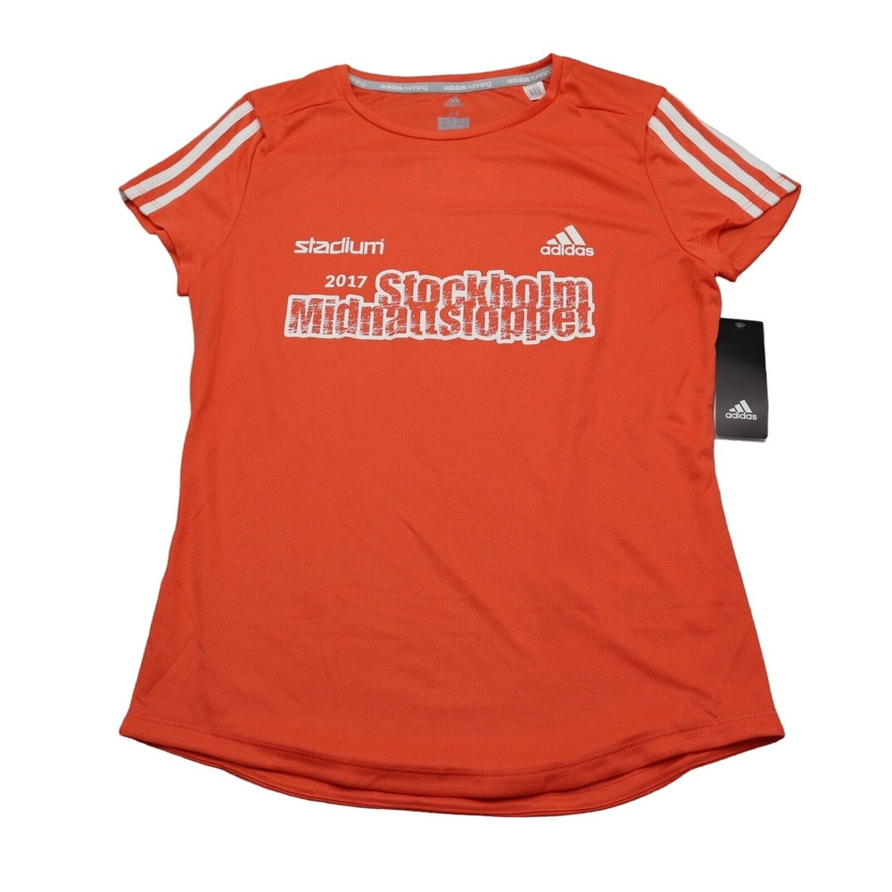 Adidas Shirt Womens M Orange Short Sleeve Crew Neck Logo Pullover Running Top - Picture 1 of 16